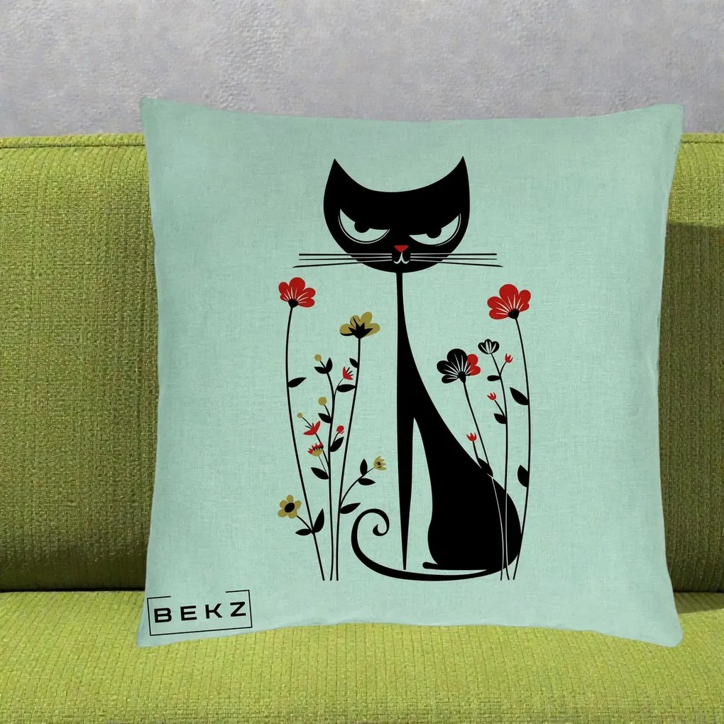 Perna Decorativa Pisica Neagra Grafica Flori Rosii, 40x40 cm, Verde Menta, Husa Detasabila, Perna Inclusa, BEKZ®