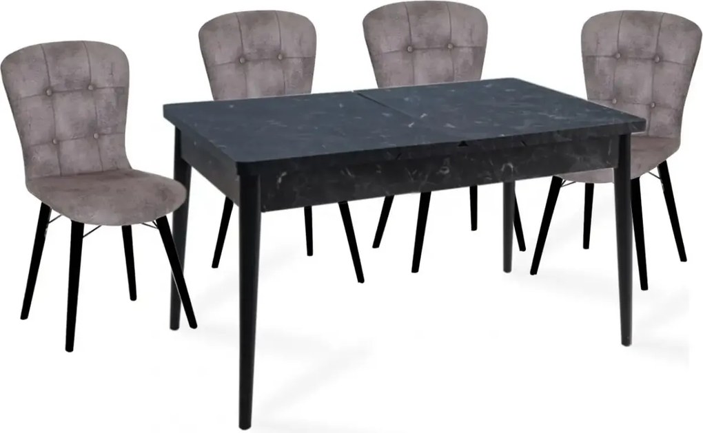 Set masa extensibila cu 4 scaune tapitate Homs marmorat negru 110 x 70 cm