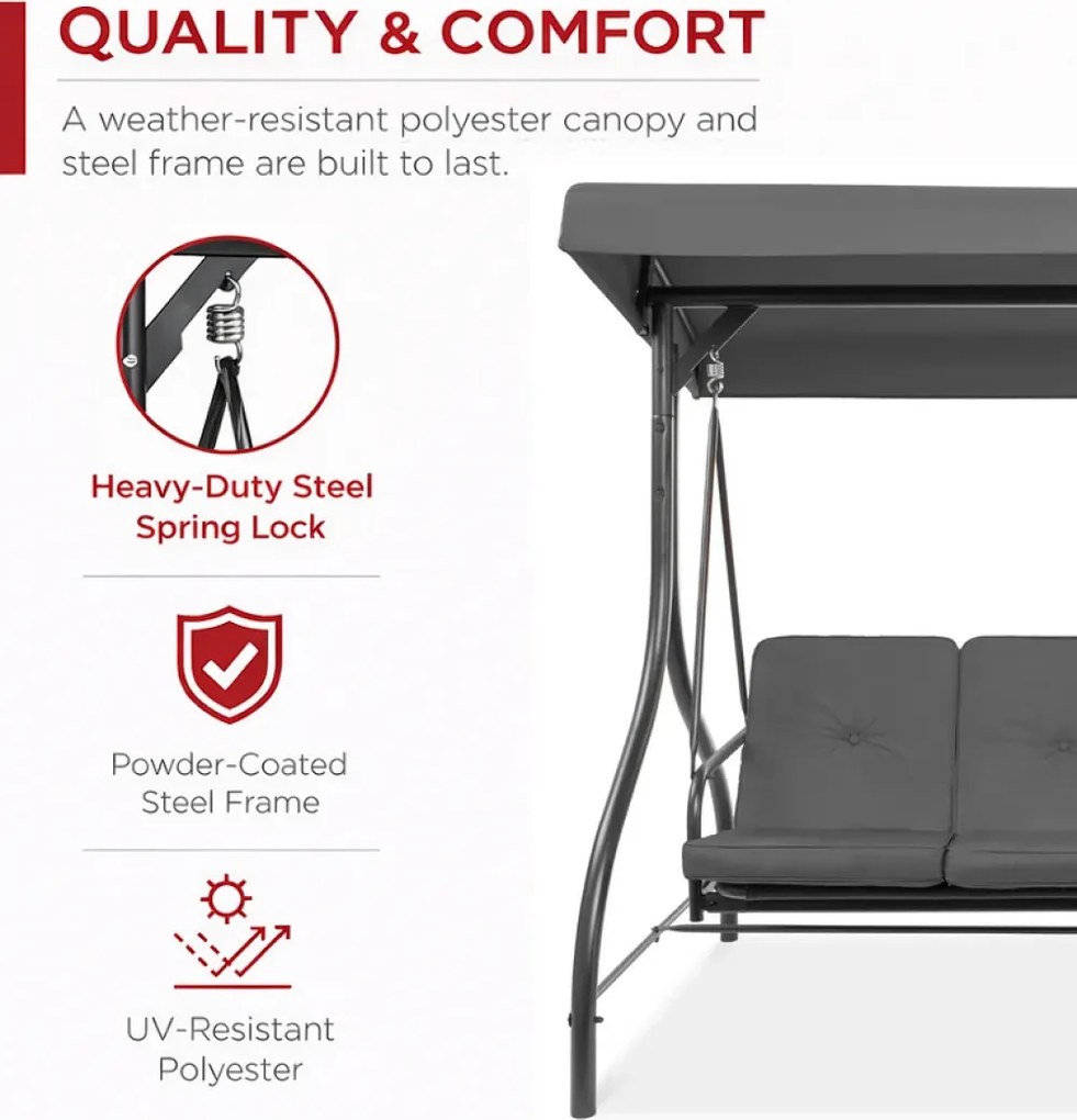 Leagan de grădină, șezlong tip pat, 3 locuri, copertina reglabila, cadru otel, 194x120x173 cm, Gri