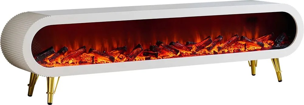 Șemineu electric cu efect LED realist, Comodă TV cu design oval, control vocal și telecomandă, fără încălzire, 180 cm, Alb