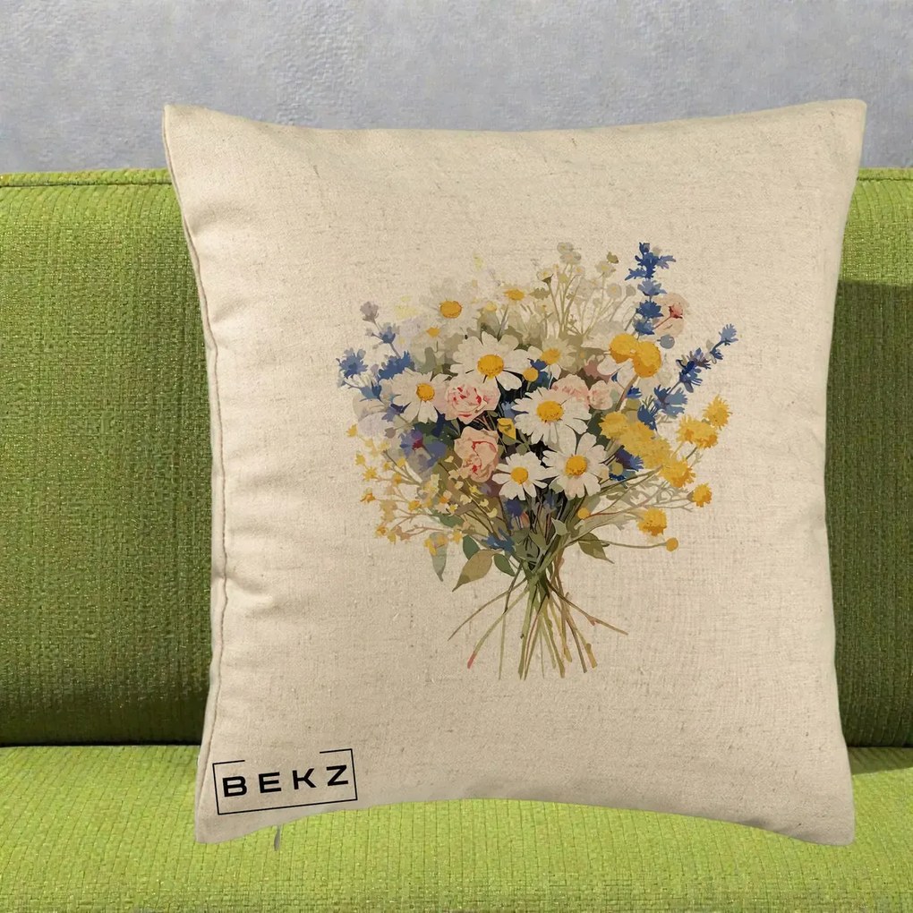 Perna Decorativa Buchet Camp Acuarela Margarete-Lavanda, 40x40 cm, Bej, Husa Detasabila, Perna Inclusa, BEKZ®