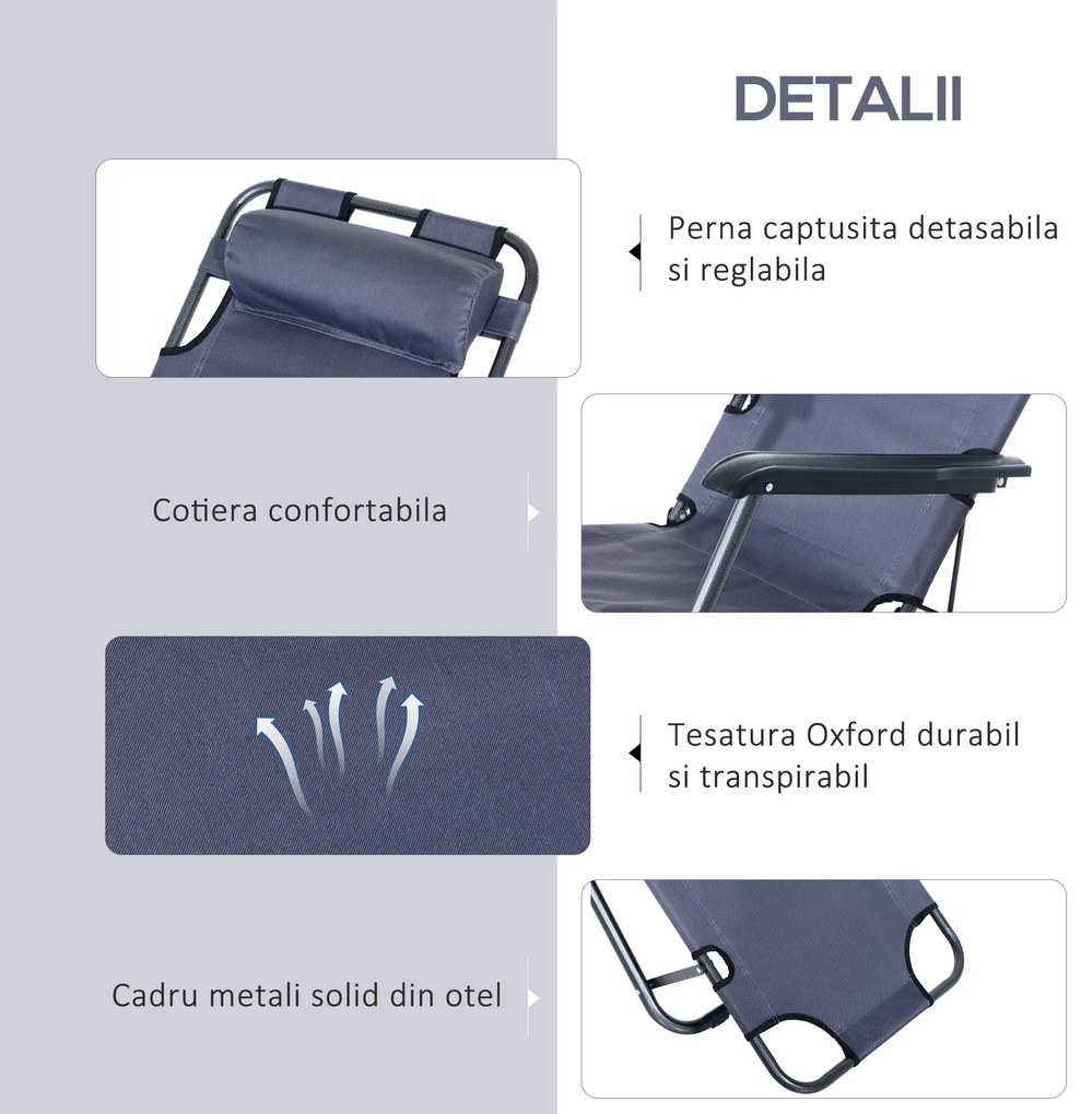 Sezlong Pliabil Outsunny cu brate de Gradina sau Pisina, Metal tesatura Oxford, Buzunar depozitare, Gri | Aosom Romania