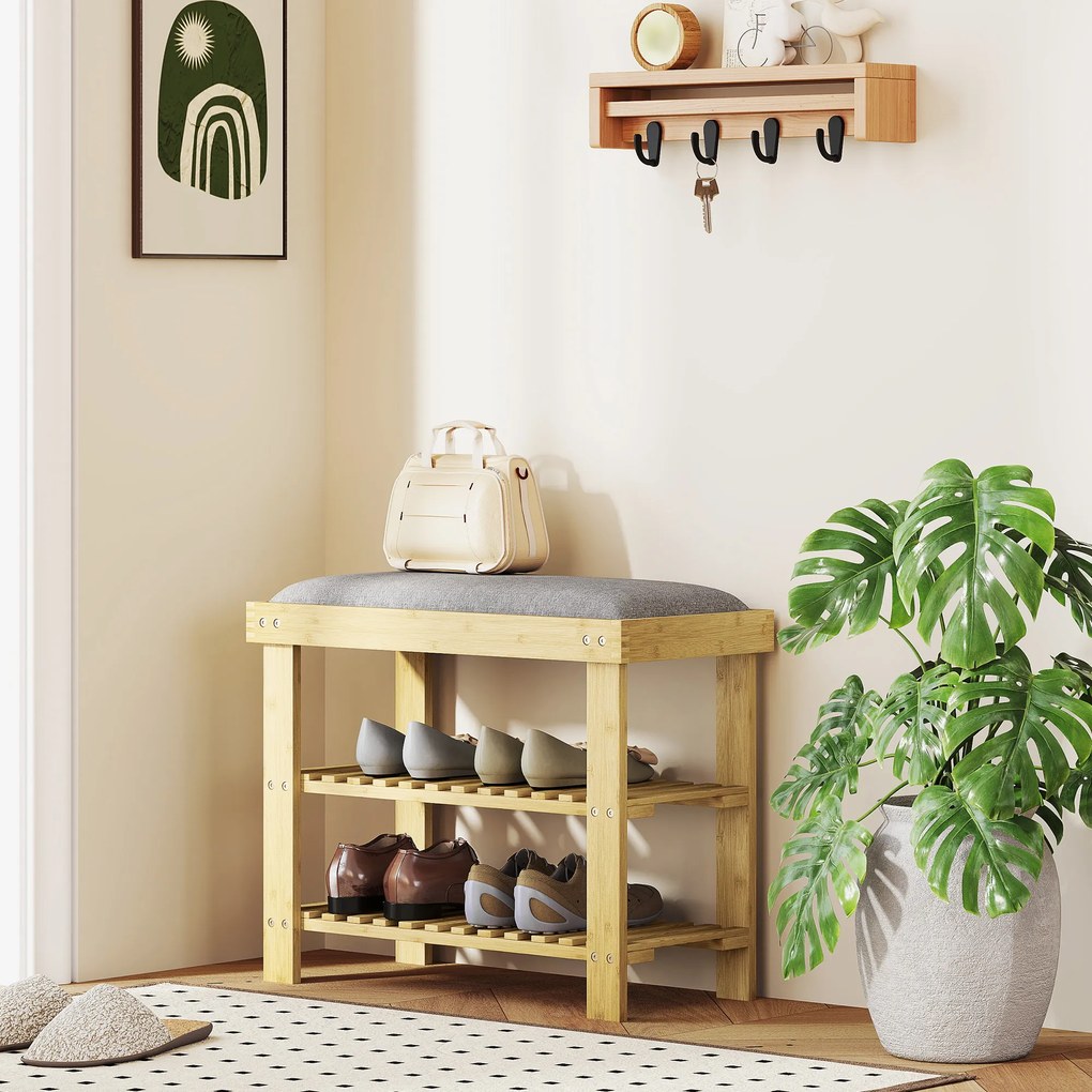 HOMCOM Bancă pentru încălțăminte din bambus, raft pentru încălțăminte cu 3 niveluri, stil scandinav, 60 x 29 x 49 cm, lemn natural | Aosom Romania