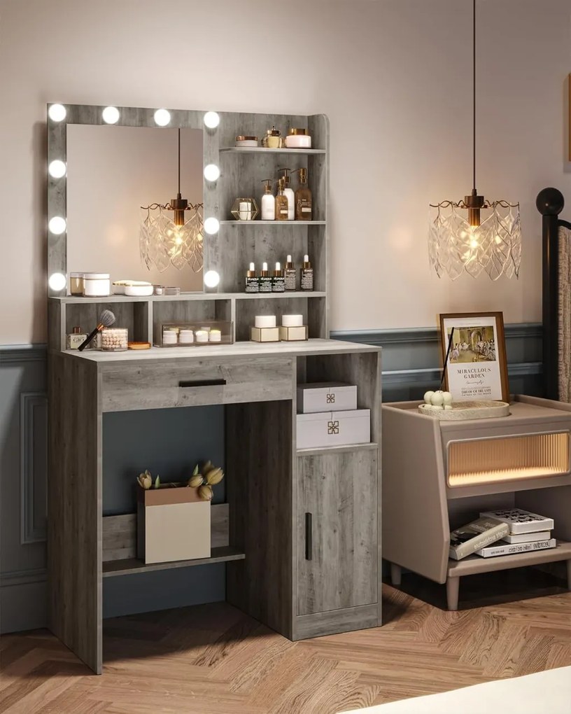 SEG19 - Set Masa toaleta 80 cm, cosmetica, machiaj, oglinda cu LED, masuta vanity, make-up - Gri / Alb / Negru