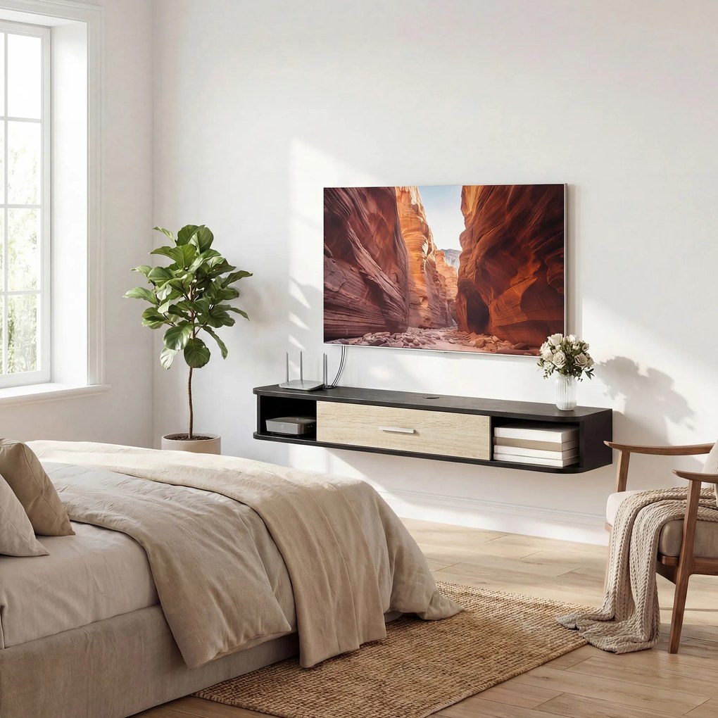 HOMCOM Mobilier TV Suspendat 120 cm, Mobilă TV pentru până la 127 cm, Ușă Rabatabilă, 2 Rafturi Deschise și Orificii pentru Cabluri, Negru | Aosom Romania