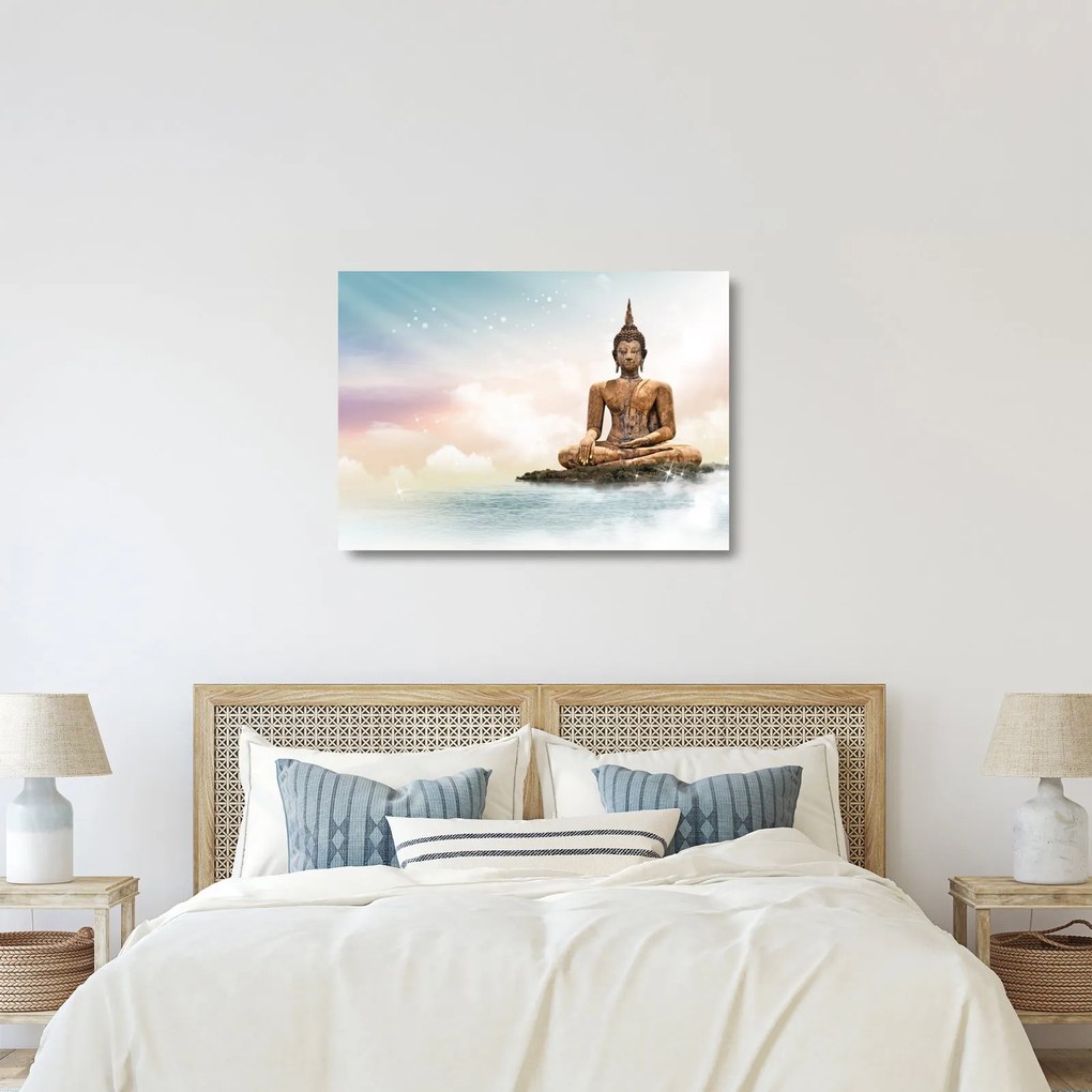 Tablou pe sticlă - Buddha care supraveghează pământul (70x50 cm)