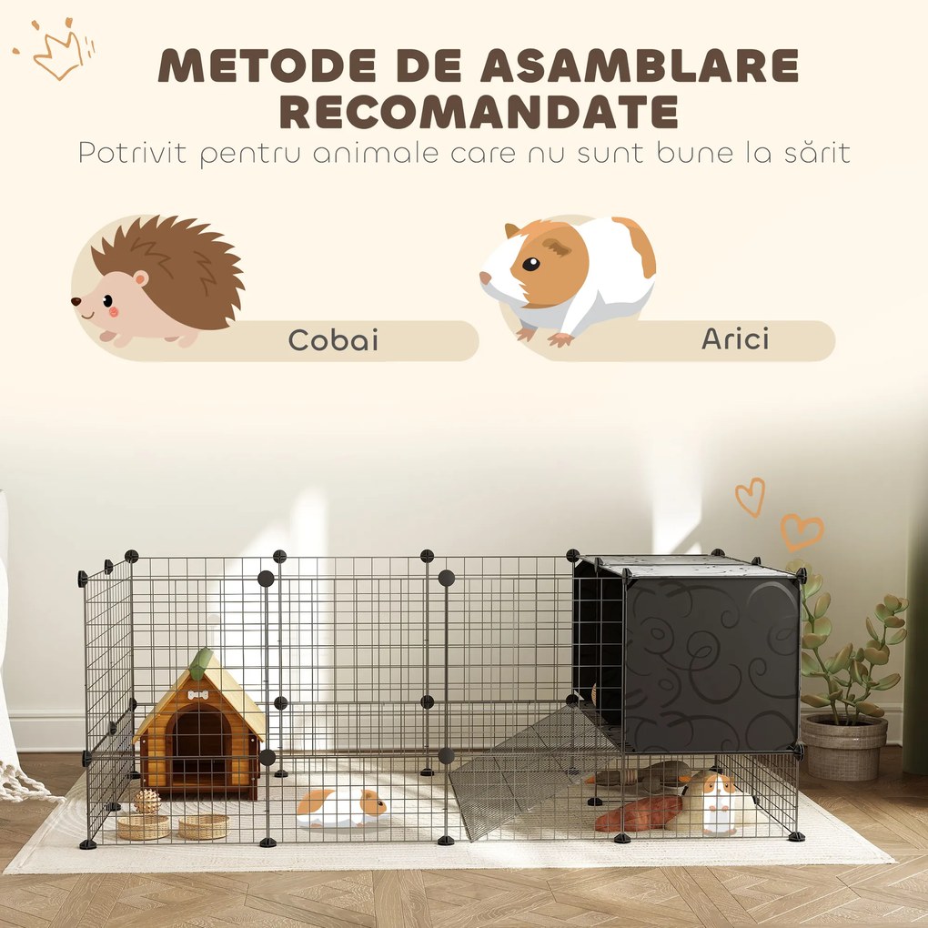 PawHut Cușcă Modulară pentru Animale Mici cu 2 Căsuțe Ridicate, Țarc cu 31 de Panouri, 140x70x52 cm, Negru | Aosom Romania