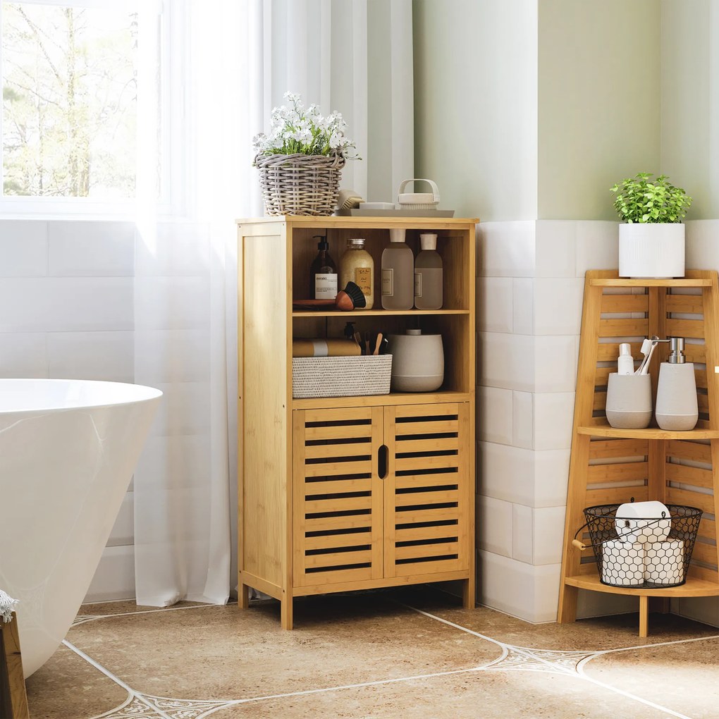 kleankin Mobile Bagno in Bambù, Mobiletto Bagno Salvaspazio con 2 Ante a Persiana e Ripiani Aperti, Armadietto da Terra per Sala da Pranzo, Salotto, Soggiorno, Cucina, 50x29x92 cm, Color Legno | Aosom Romania