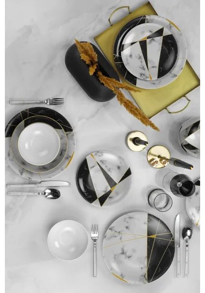 Set de masă, 24 piese, porțelan, negru/alb/auriu