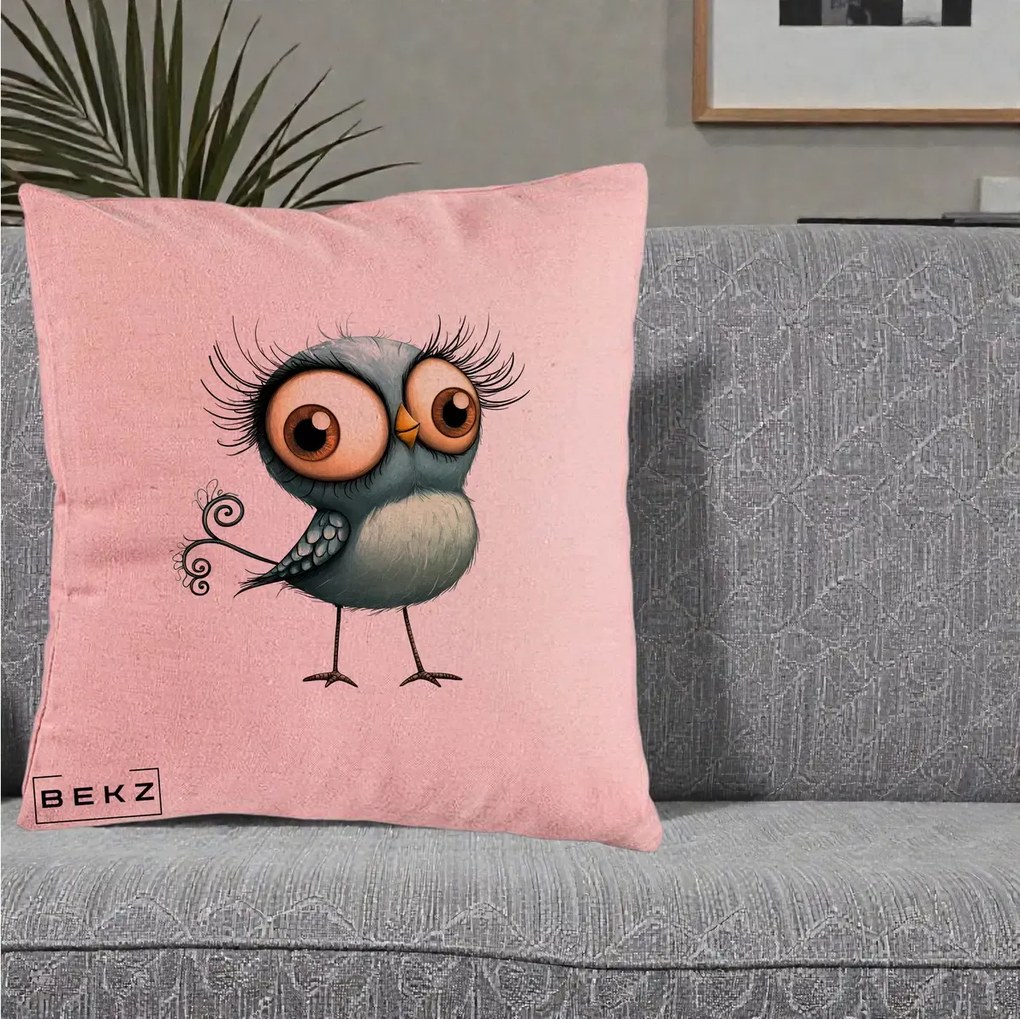Perna Decorativa Pasare Teal cu Gene si Coada Spiralata, 40x40 cm, Roz, Husa Detasabila, Perna Inclusa, BEKZ®