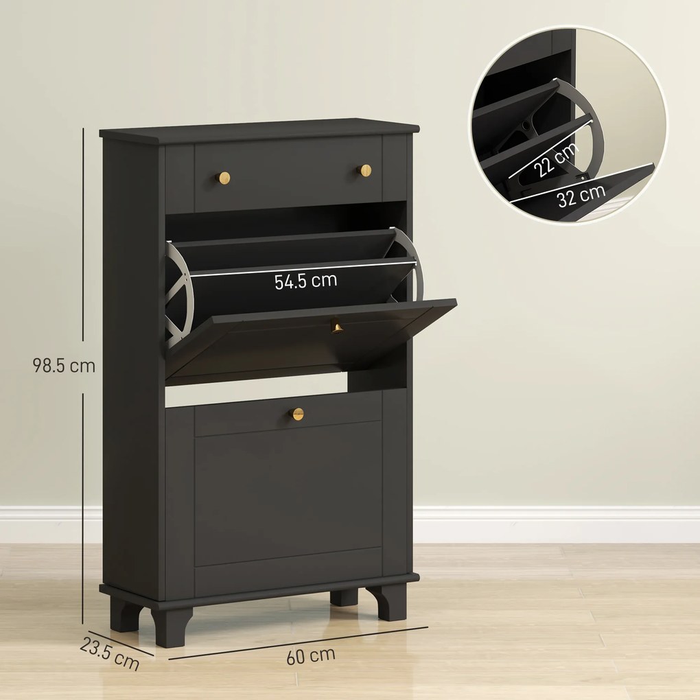 HOMCOM Dulap pentru pantofi îngust cu sertare cu uși basculante și raft reglabil, 60 x 23,5 x 98,5 cm, negru | Aosom Romania