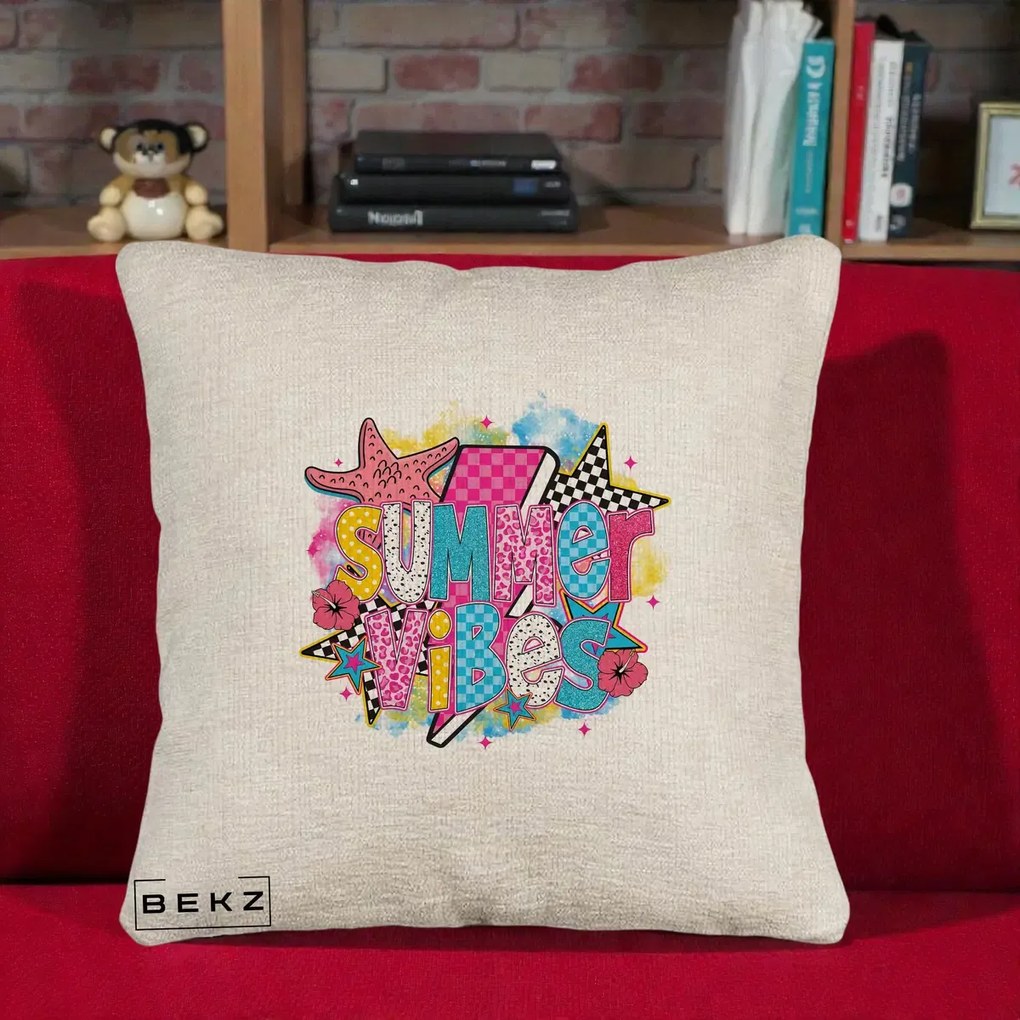 Perna Decorativa Summer Vibes Colorata, 40x40 cm, Bej Canapea, Husa Detasabila, Perna Inclusa, BEKZ®