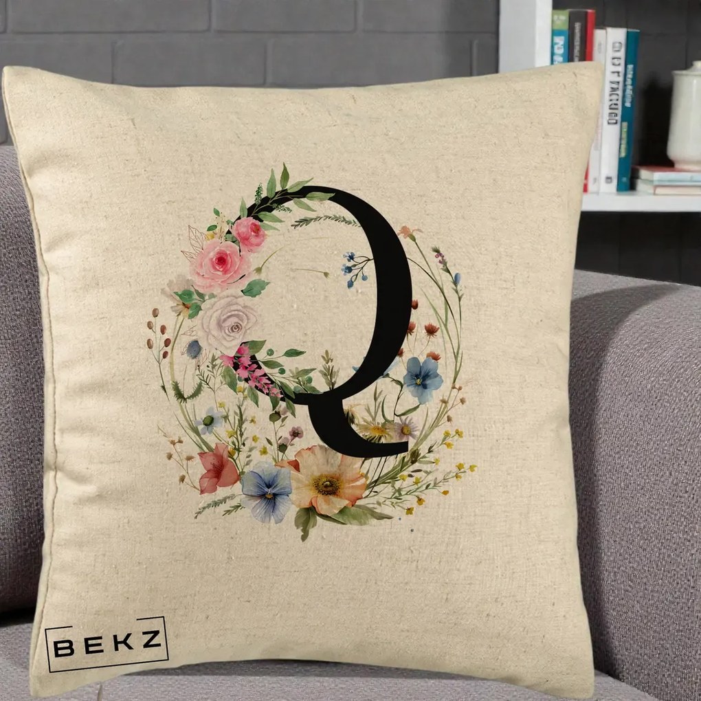 Cadou Personalizat - Perna Personalizata Monogram Litera Q cu Flori Acuarela, 40x40 cm, Bej, Husa Detasabila, Perna Inclusa, BEKZ®