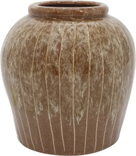 Vază decorativă din ceramică artizanală glazurată maro antichizat, lucrată manual, cu dungi fine, 23x23 cm, „Muscade"