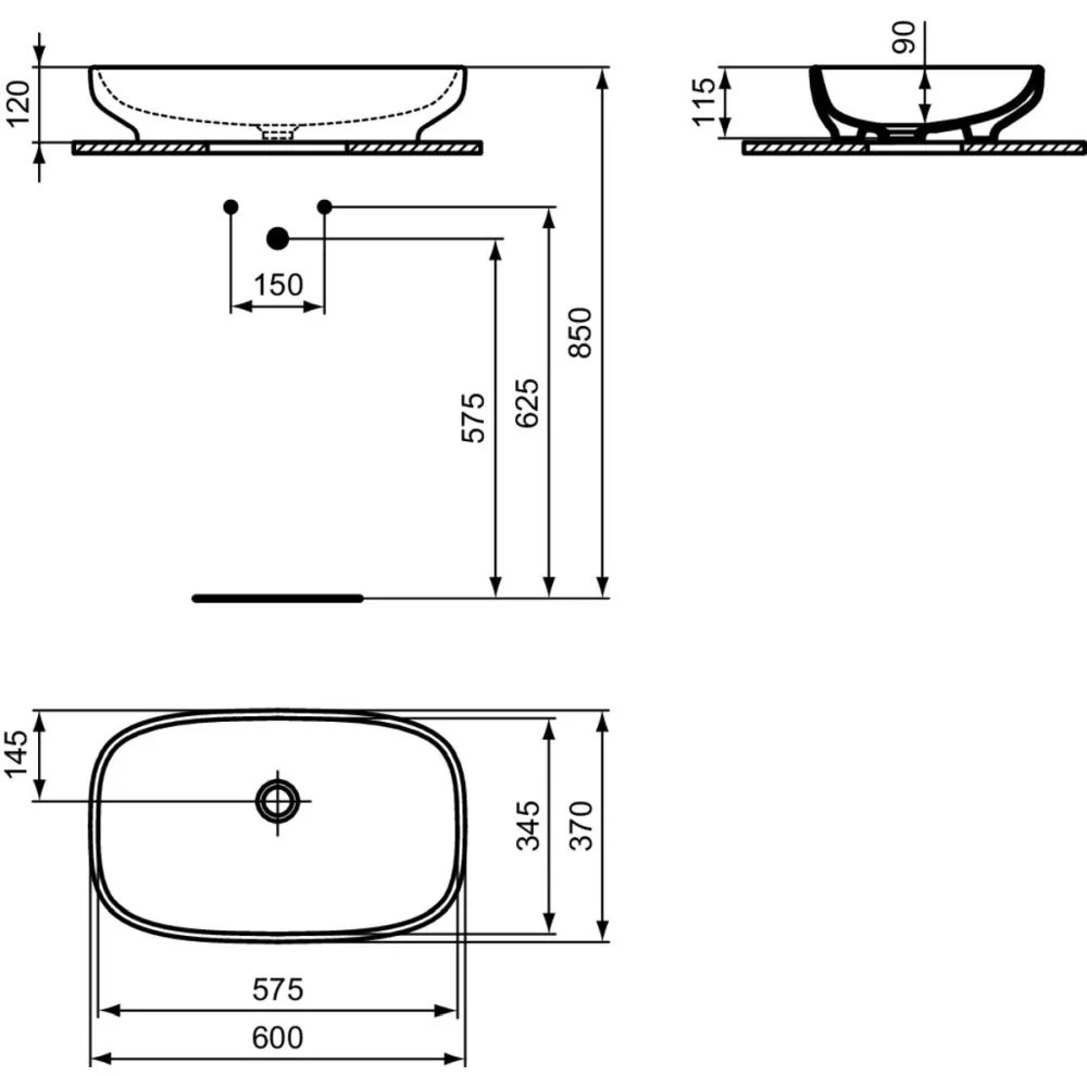 Lavoar pe blat alb 60 cm, dreptunghiular, cu preaplin, Ideal Standard i.Life B 600x370 mm