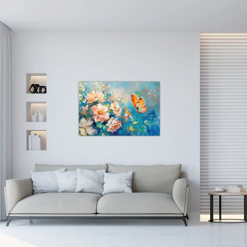 Tablou - Fluture și flori, pictură în ulei II. (90x60 cm)