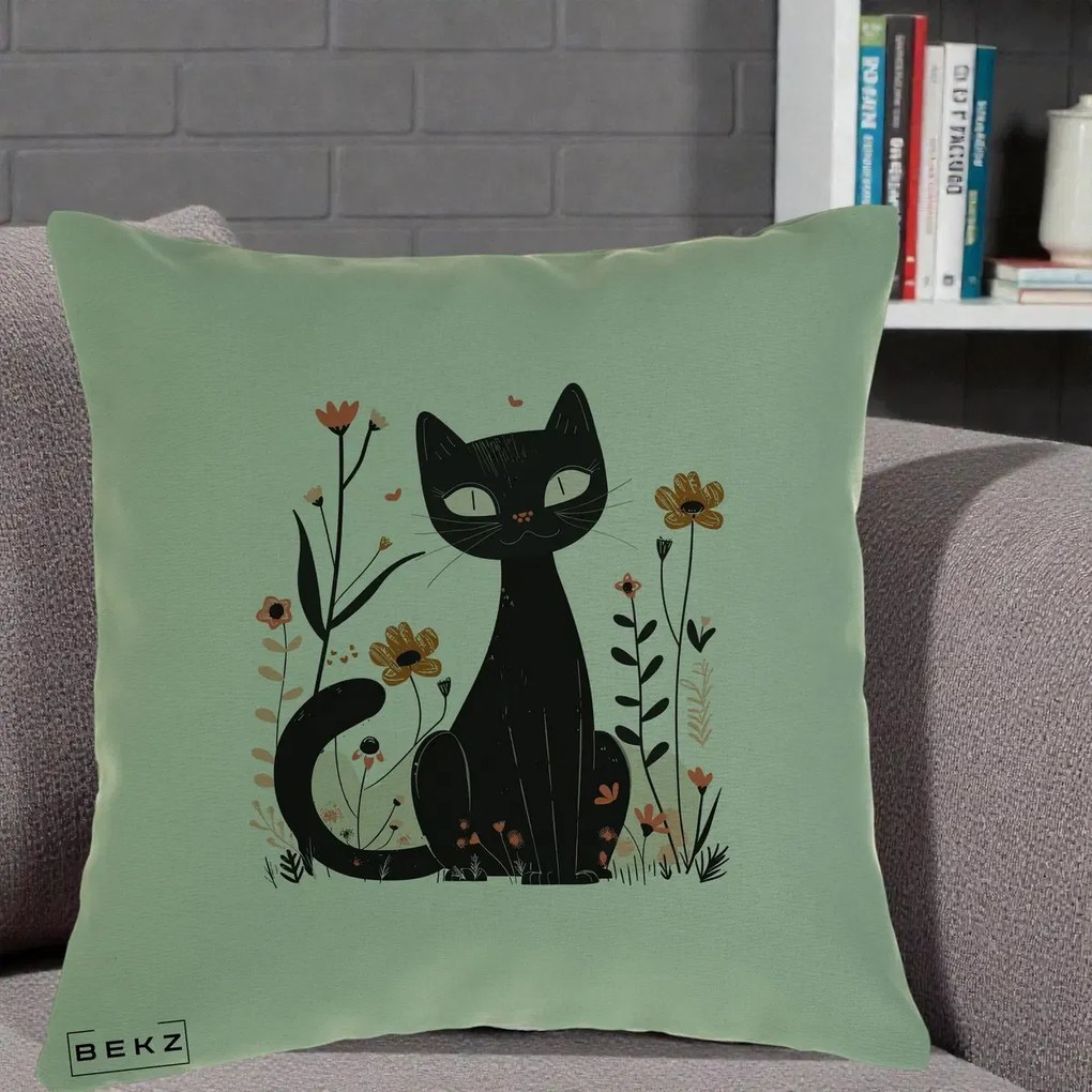 Perna Decorativa Pisica Neagra Flori Pastel Folk, 40x40 cm, Verde, Husa Detasabila, Perna Inclusa, BEKZ®