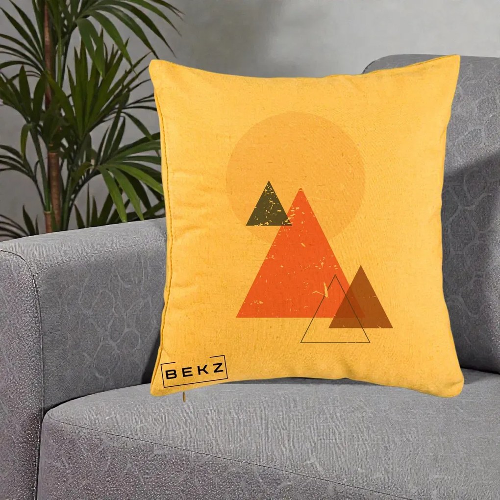 Perna Decorativa Geometric Munti si Soare, 40x40 cm, Galben, Husa Detasabila, Perna Inclusa, BEKZ®