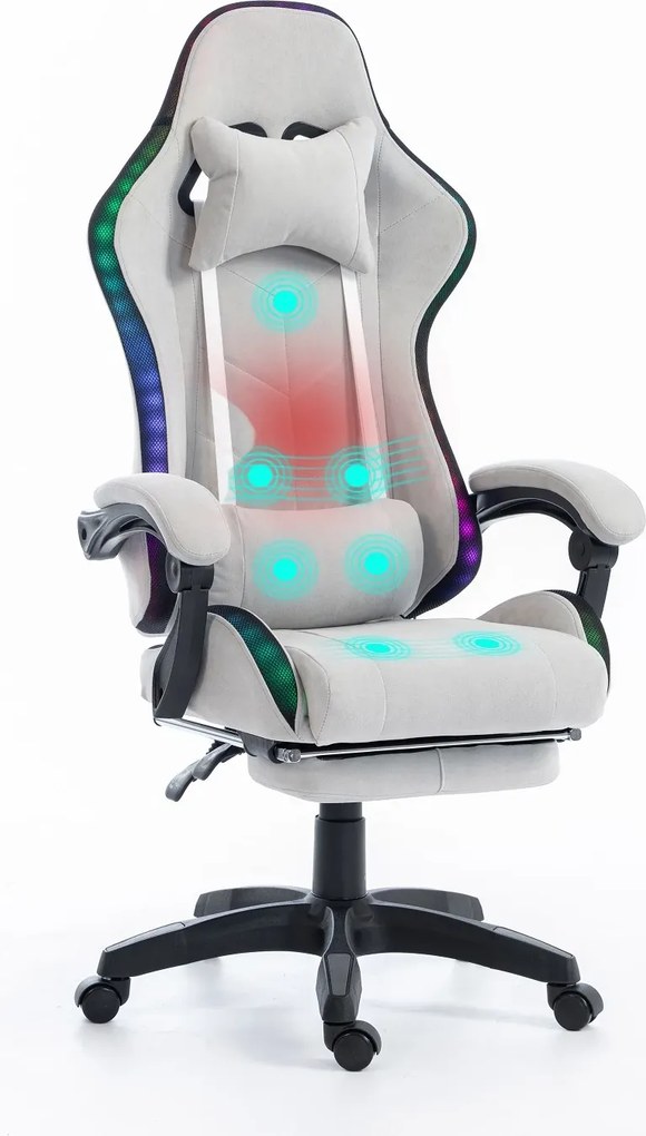 ALFORD Scaun gaming cu Masaj in 5 puncte, Perna lombara cu Masaj, Sistem iluminare banda LED RGB, Boxe Bluetooth, suport picioare, catifea, Gri