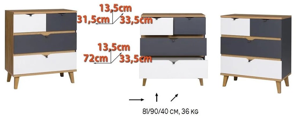 Comodă Mimone K4SZ (Stejar auriu + Alb mat + grafit). 1051783