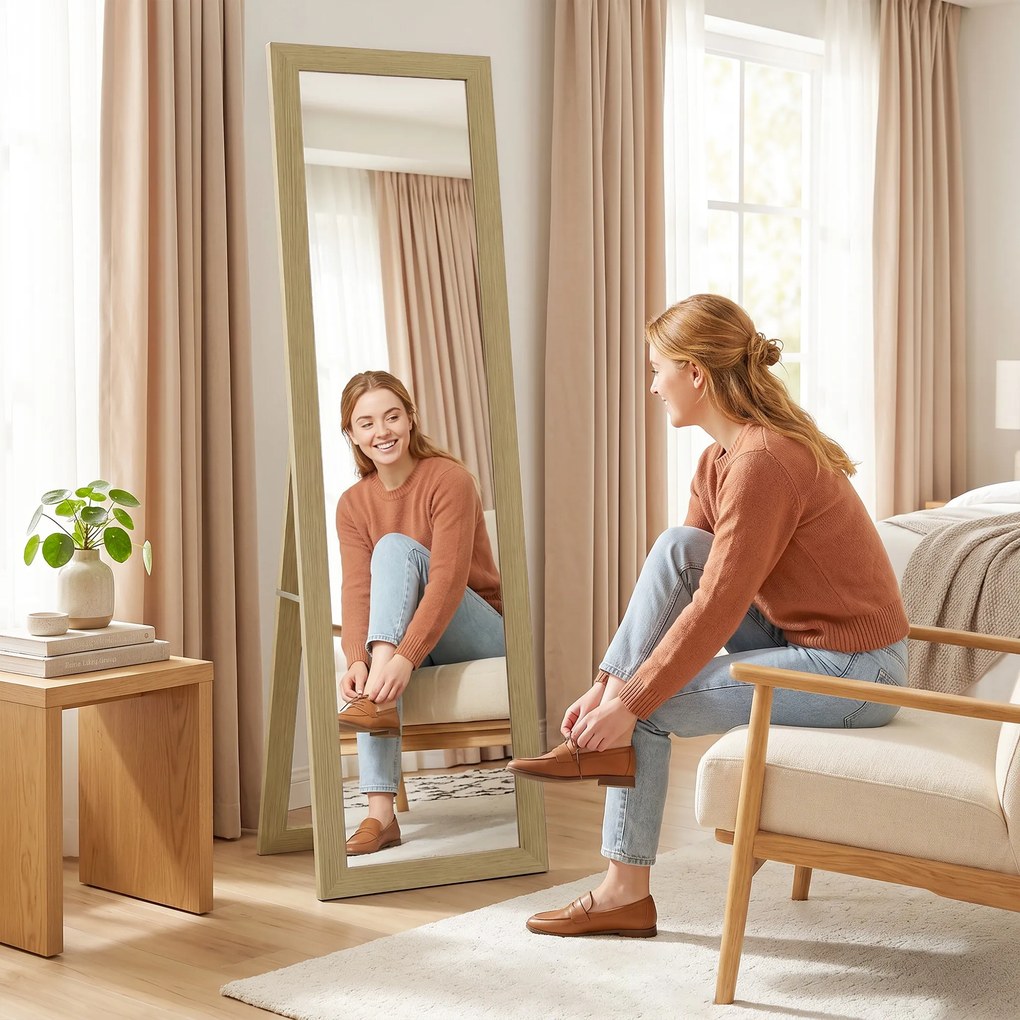 HOMCOM Oglindă cu Ramă din MDF, Picioare și Cârlige pentru Utilizare pe Podea sau pe Perete, 37x40x155 cm, Lemn Natural | Aosom Romania