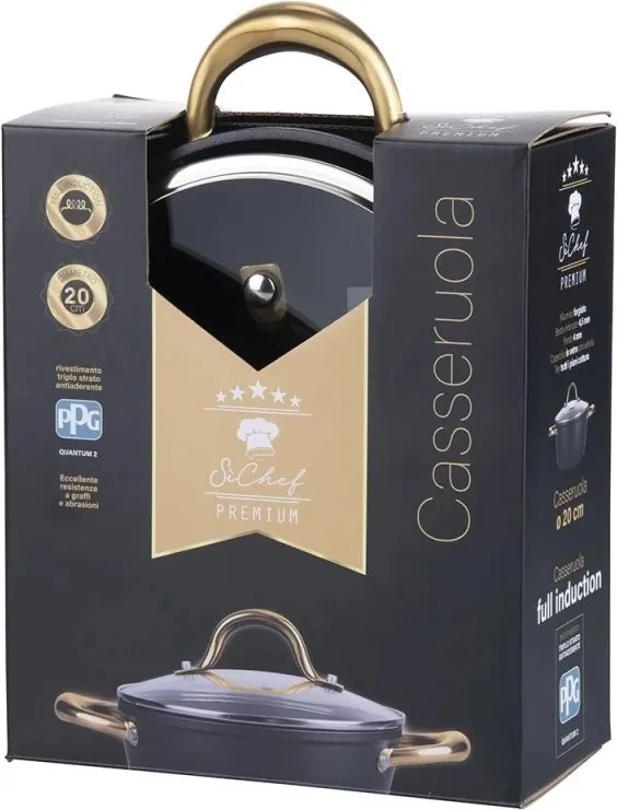 Oală Galileo Premium SChef 5916675, 20 cm, 1,8 l, Margine întărită, Acoperire antiaderentă PPG, Fără PFOA și nichel, Compatibilă cu plitele cu inducție, Negru/auriu