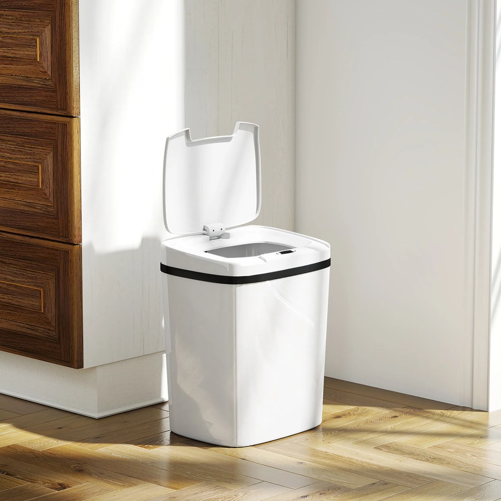 HOMCOM Coș de gunoi pentru bucătărie automat 15 L cu senzor infraroșu și mod manual inel de retenție anti-amprente alb | Aosom Romania