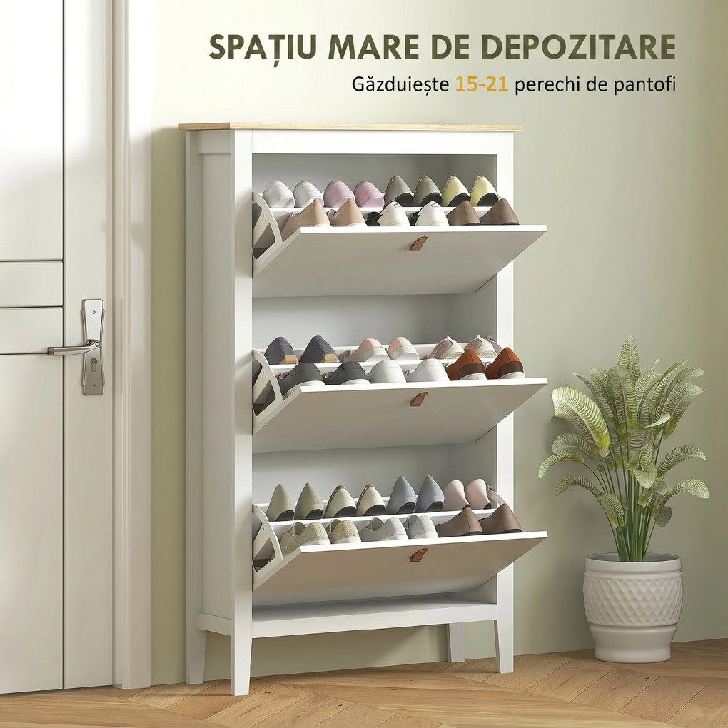 HOMCOM Pantofar Slim cu 3 sertare, pentru 21 perechi de încălțăminte, mărimea EU44 și rafturi reglabile, 80x24x131 cm, alb | Aosom Romania