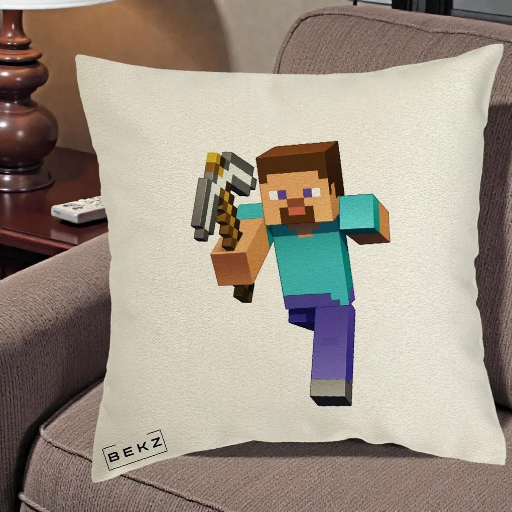 Perna Personalizata Minecraft Steve, 40x40 cm, Ecru, Husa Detasabila, Perna Inclusa, BEKZ®