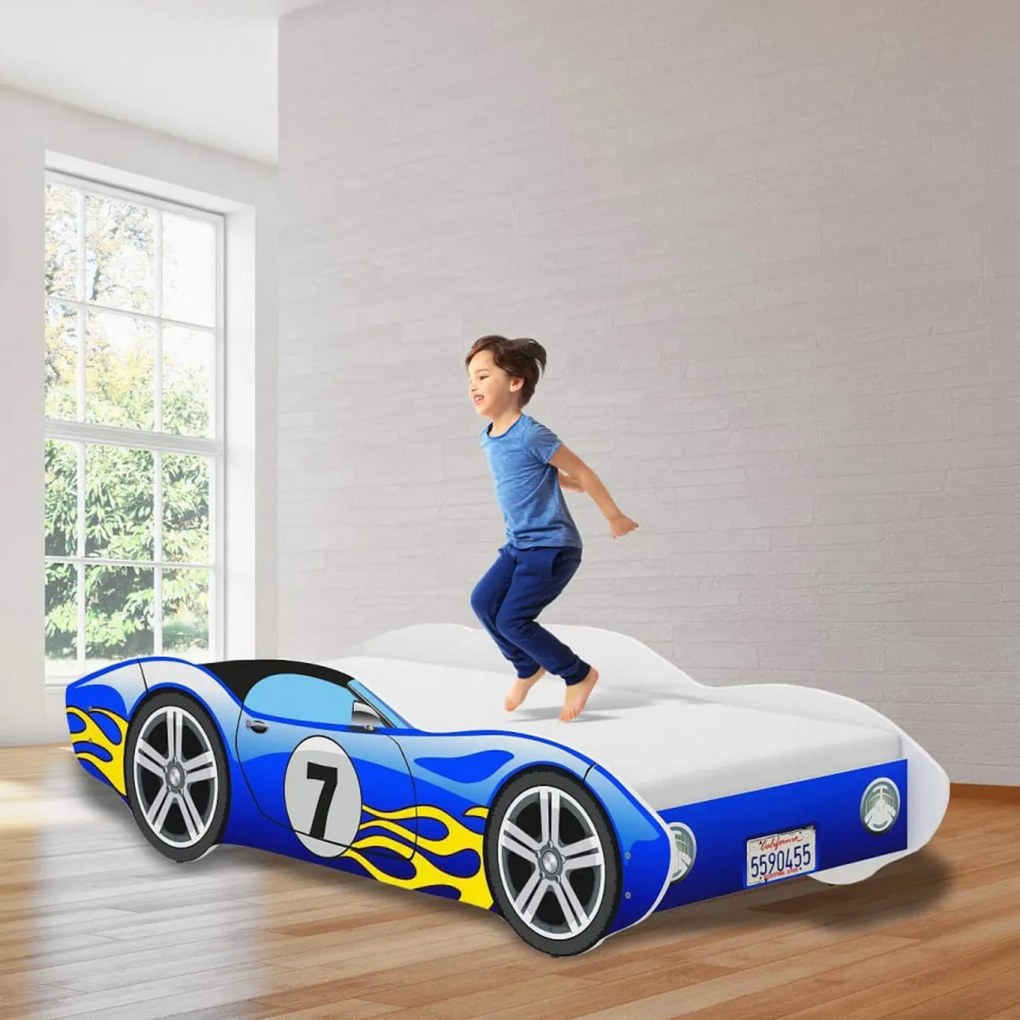 Pat tip masinuta pentru copii NOVOKIDS™ CORVETTE, 160x80 CM, Set cu Saltea din Spuma MATSEN® 10 CM Inclusa, Somiera Sistem FLEX, Cu Protectii