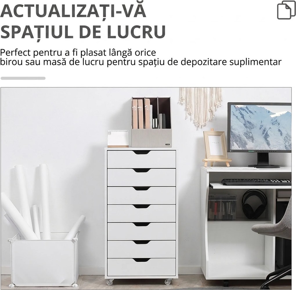 Vinsetto fișet de birou cu 7 sertare, roți cu frână, pentru documente Letter/A4/Legal, alb | Aosom Romania