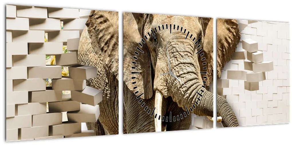 Tablou - Elefant spârgând peretele (cu ceas) (90x30 cm)