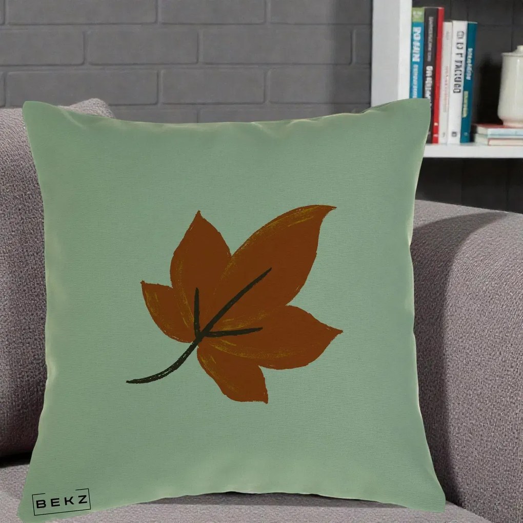 Perna Decorativa Frunza de Toamna Portocalie, 40x40 cm, Verde, Husa Detasabila, Perna Inclusa, BEKZ®