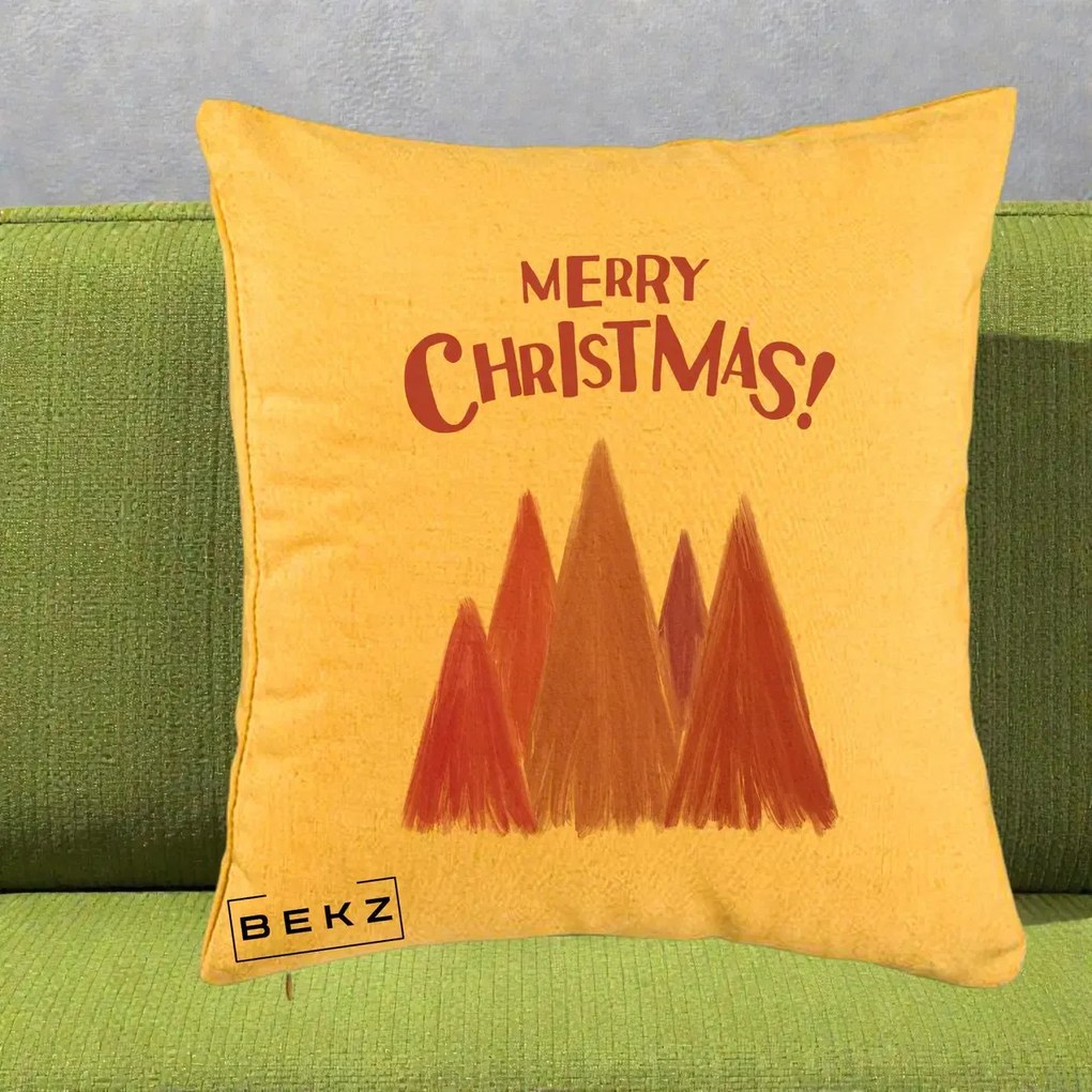 Perna Decorativa Merry Christmas Brazi Roz, 40x40 cm, Galben, Husa Detasabila, Perna Inclusa, BEKZ®
