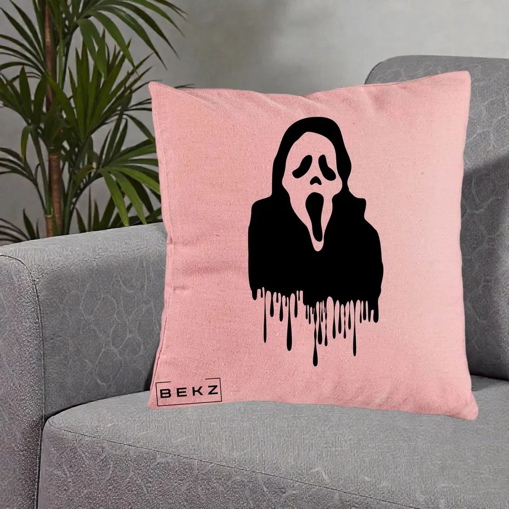 Perna Personalizata Halloween Ghostface Scream Picurand, 40x40 cm, Roz, Husa Detasabila, Perna Inclusa, BEKZ®