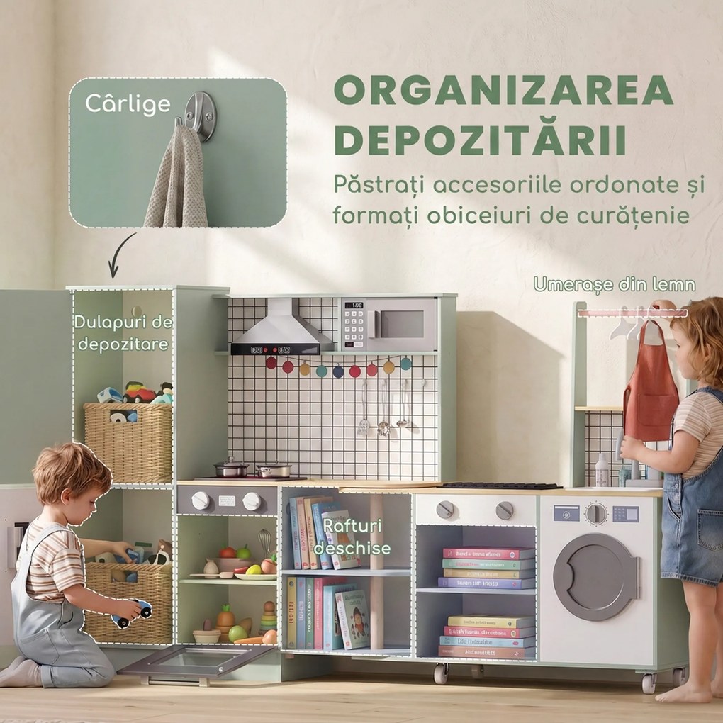 AIYAPLAY Bucătărie pentru Copii 3-8 Ani cu Blat Rotativ, Verde Deschis | Aosom Romania