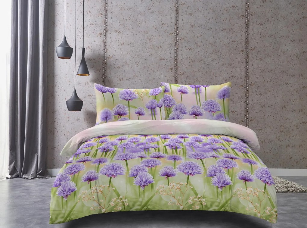 Lenjerie de pat 3D PURPLE FLOWERS verde Dimensiune lenjerie de pat: 70 x 80 cm | 140 x 200 cm