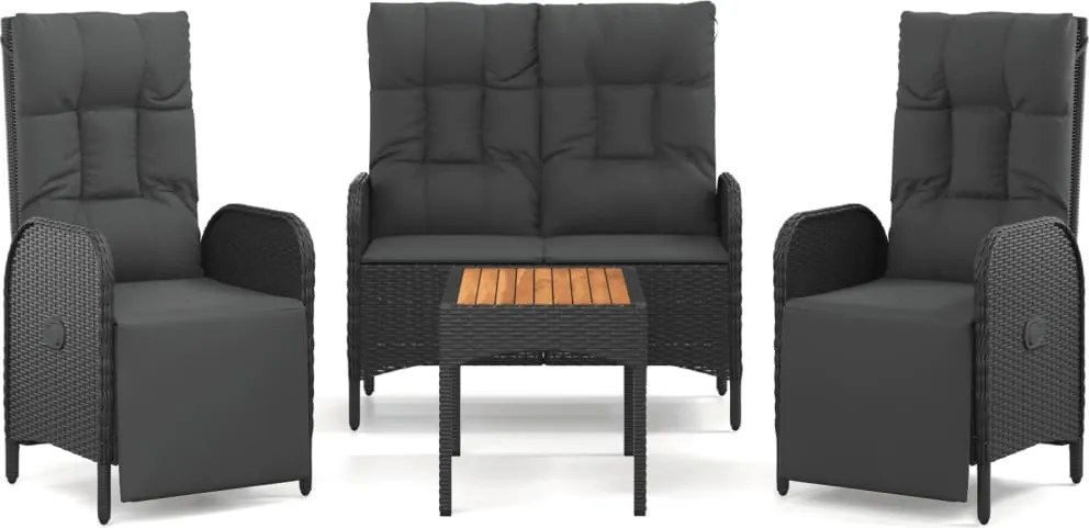 vidaXL Set mobilier de grădină cu perne, 4 piese, negru, poliratan