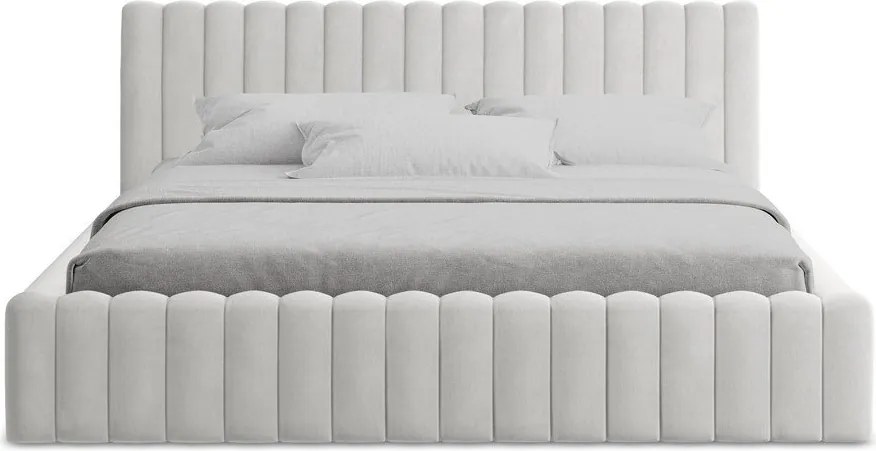 Pat matrimonial argintiu tapițat cu spațiu de depozitare cu somieră 160x200 cm Lemi – Makamii