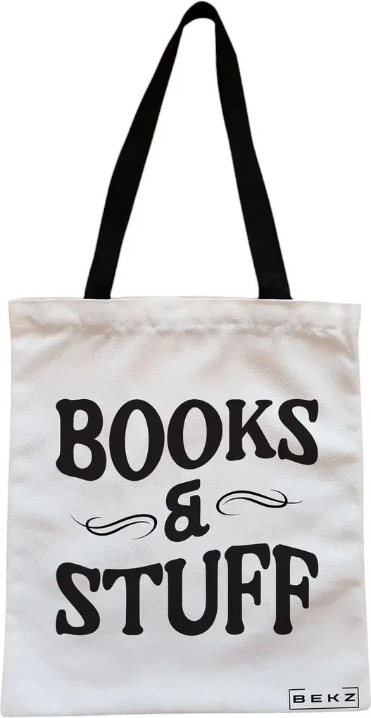 Sacosa de Panza pentru Cumparaturi, Geanta Tote, model Books and Stuff, Cu fermoar, 38x34.5 cm, Alba, BEKZ®