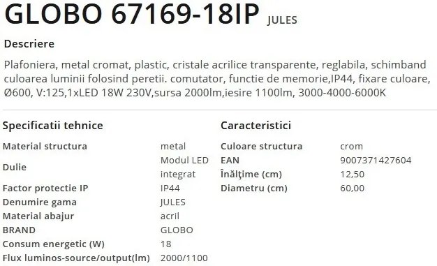 Plafoniera LED pentru baie design modern IP44 Jules crom 18W