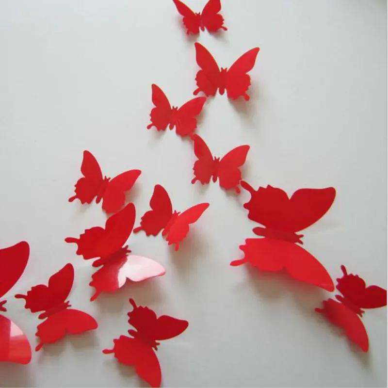 Autocolant de perete "Fluturi 3D din plastic - Roșu" 12buc 5-10 cm
