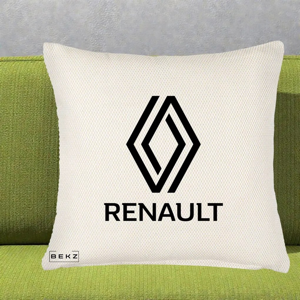 Perna Personalizata cu emblema Renault, 40x40 cm, Crem Reliefat, Husa Detasabila, Perna Inclusa, BEKZ®
