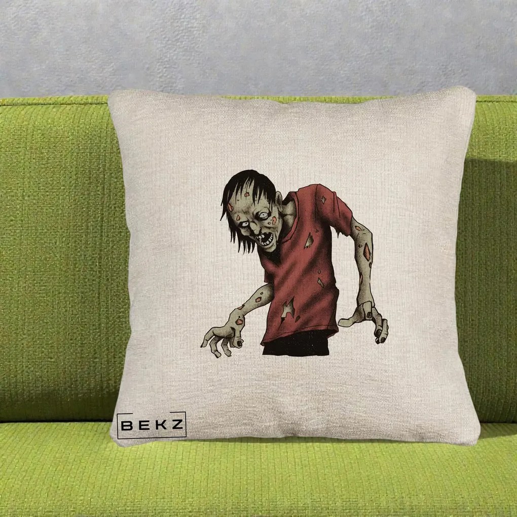 Perna Decorativa Halloween Zombie Infricosator, 40x40 cm, Bej Canapea, Husa Detasabila, Perna Inclusa, BEKZ®