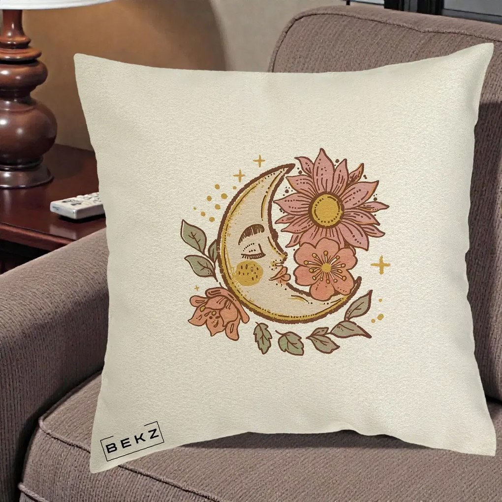 Perna Personalizata Luna Boho Chip Floral, 40x40 cm, Ecru, Husa Detasabila, Perna Inclusa, BEKZ®