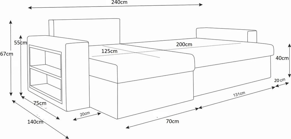 Canapea extensibila reversibila in forma de L NORIX 240x140 cm, gri inchis cu raft + 2 pernute GRATUIT