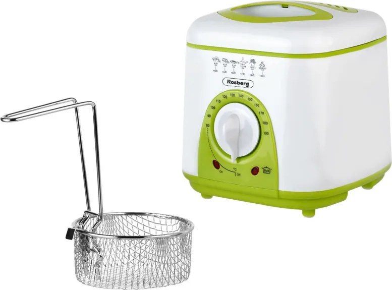 La mâna a doua: Friteuza mini Rosberg , 950W, 1 litru, Termostat, Strat antiaderent, Alb / Verde