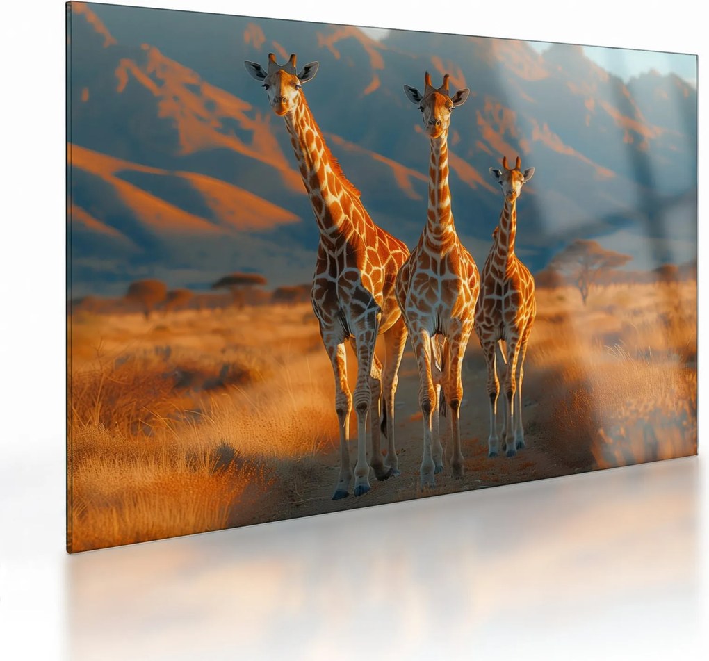 Tablou pe sticlă - Girafe pe pășune (70x50 cm)