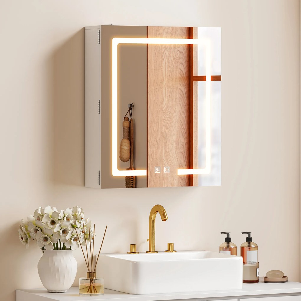 HOMCOM Dulap Baie cu Oglindă și LED, 50x15x60 cm, Anti-Aburire, Rafturi Reglabile, 3 Temperatură de Lumină, Dulap Suspendat din MDF, Alb | Aosom Romania