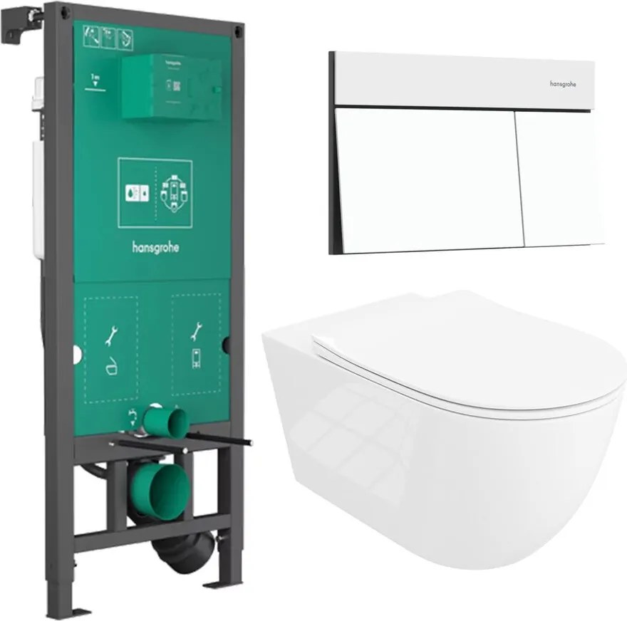 Rezervor incastrat Hansgrohe iFrame 112 cm cu clapeta iFrame Element E alb mat plus vas WC Rune Ivaldi Grande alb cu capac softclose